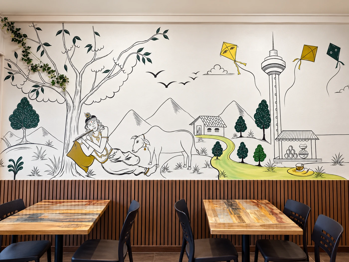 Krishna wall artwork and dining tables
