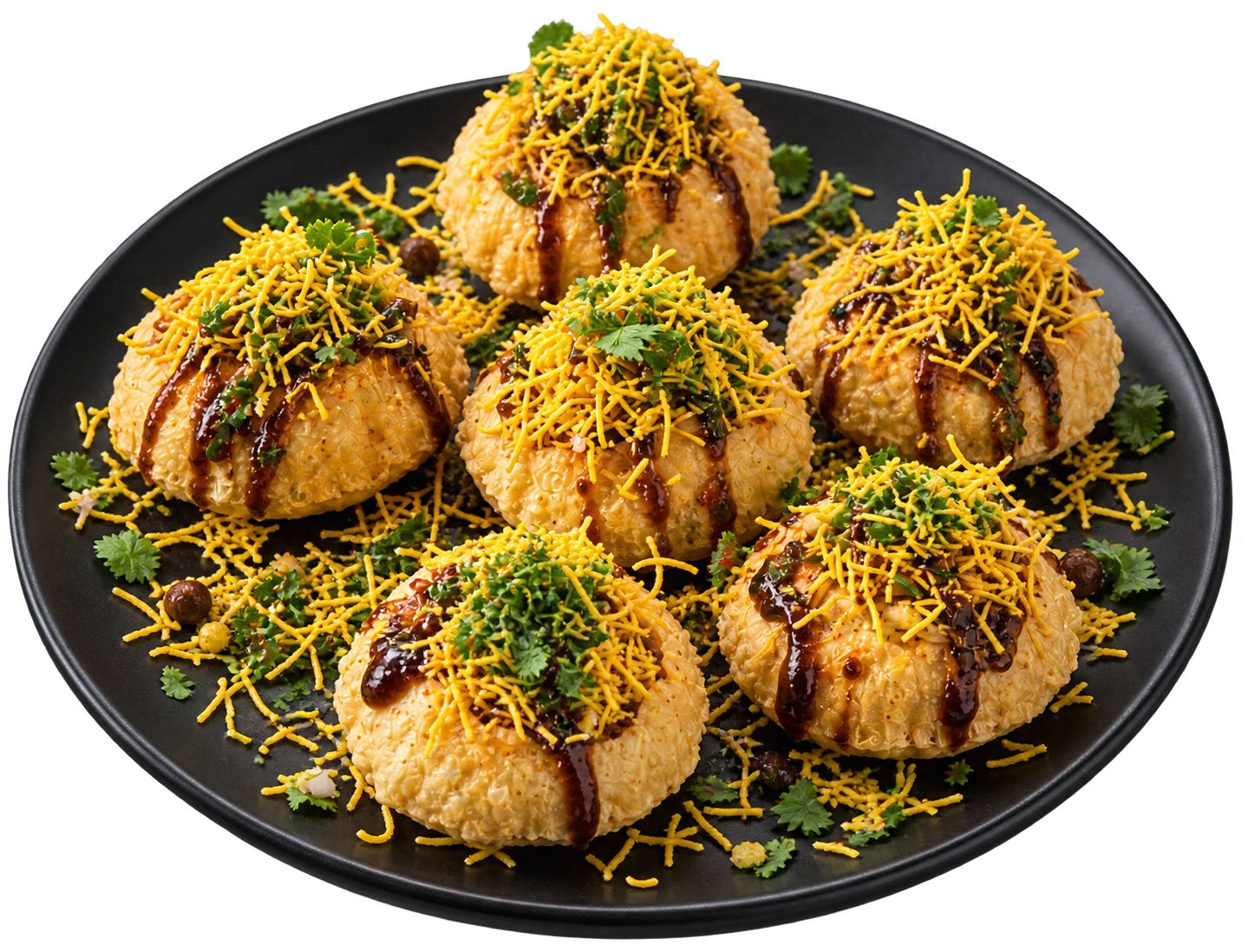 Six golgappa puris filled with potato, black channa, chutneys and sev